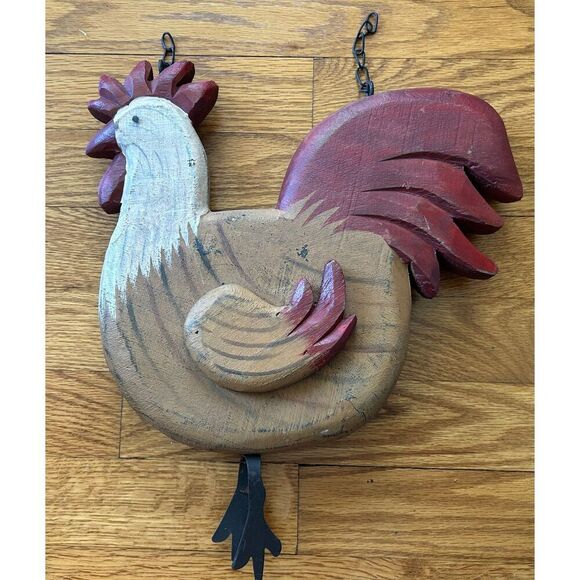Unbranded Other - Vintage FOLK ART CARVED PAINTED WOOD CHICKEN Rooster Sign Metal Feet